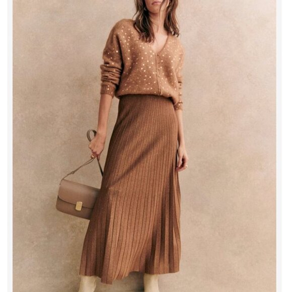 BEST Sezane Lizy Cardigan Camel Gold Polka Dot French Wool Causal - Picture 3 of 11